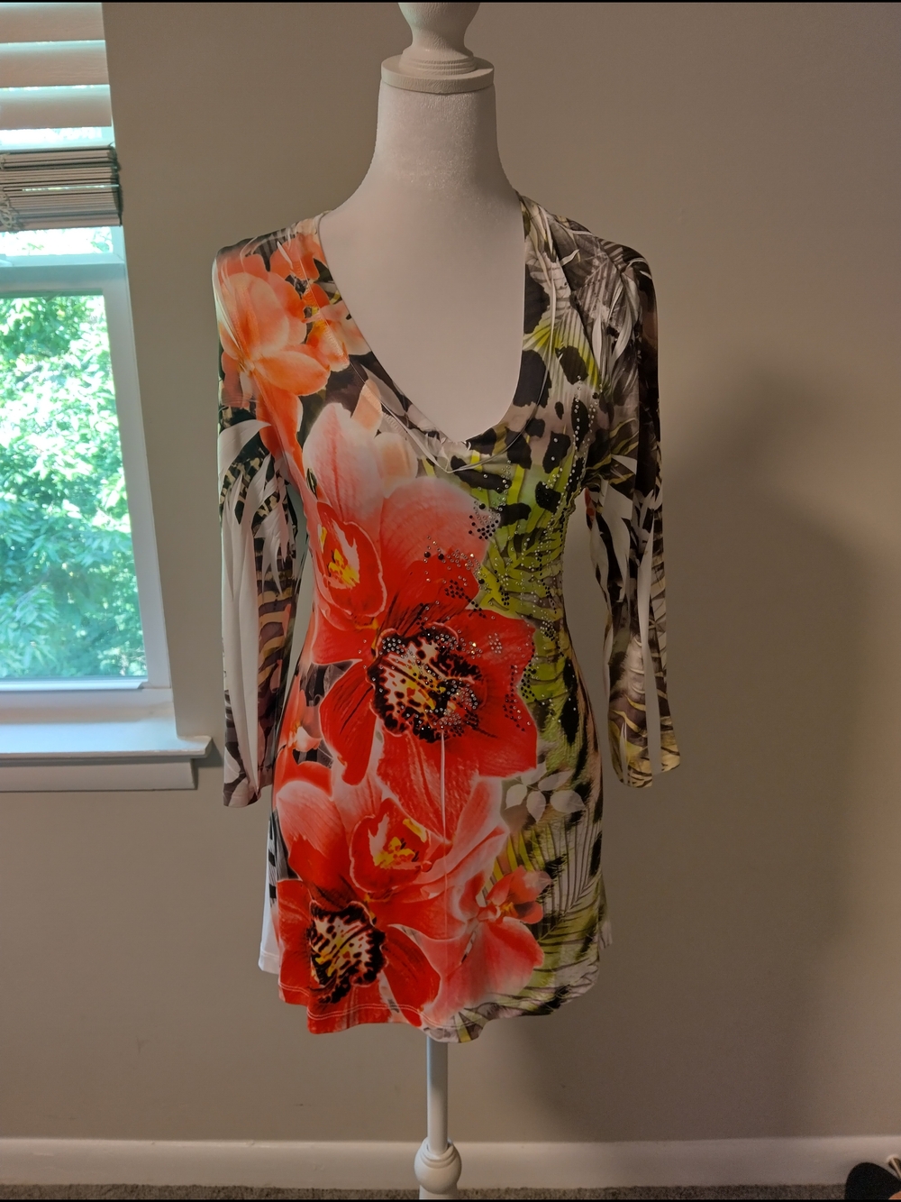 Y2K Floral V-Neck Tunic in Coral and Green